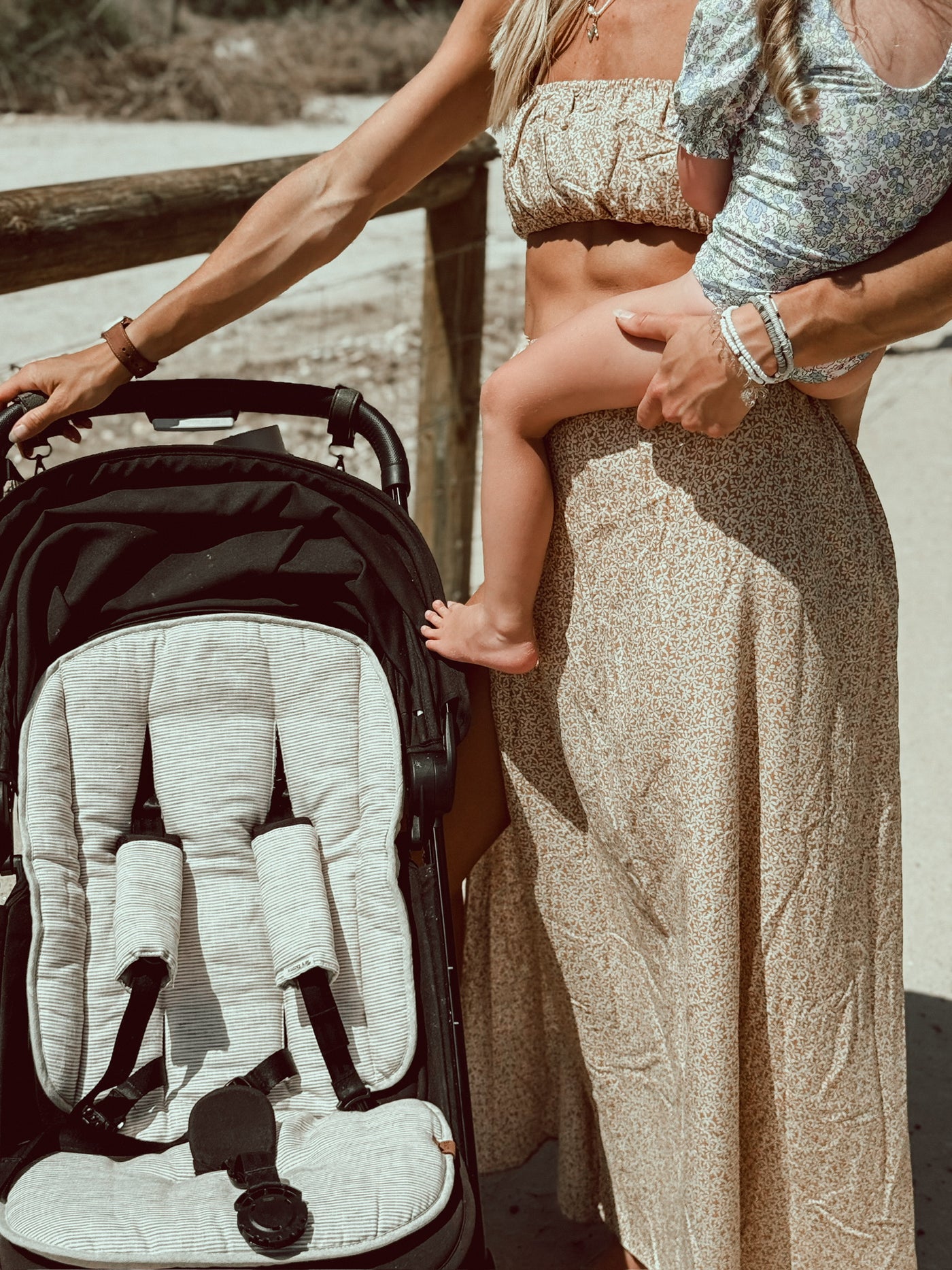 Travel Pram Liner - Sand Stripe & Natural Linen - Audrey & Me