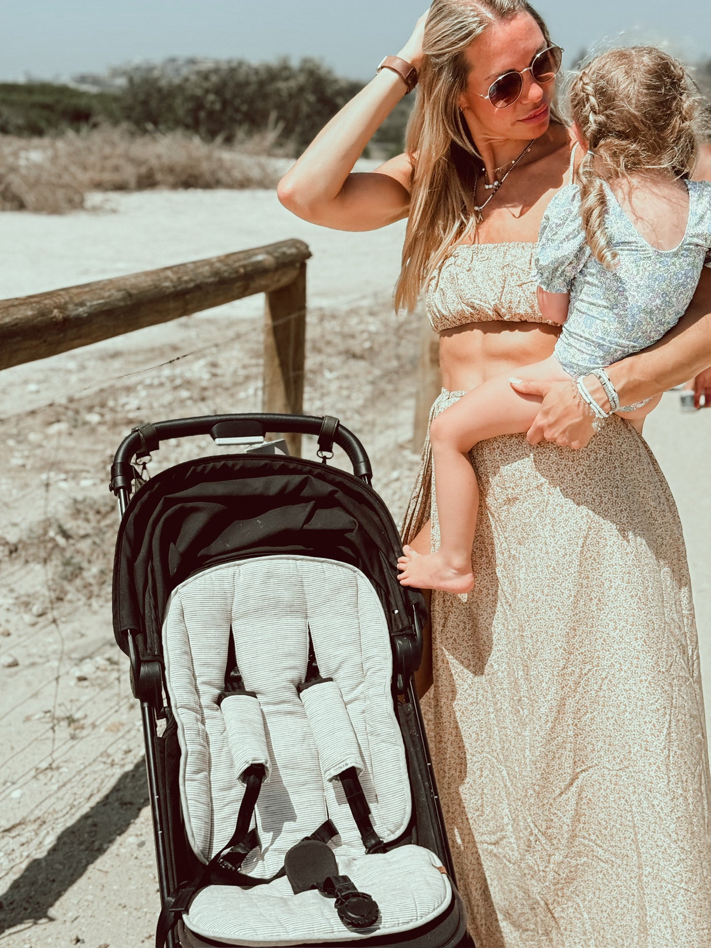 Travel Pram Liner - Sand Stripe & Natural Linen - Audrey & Me