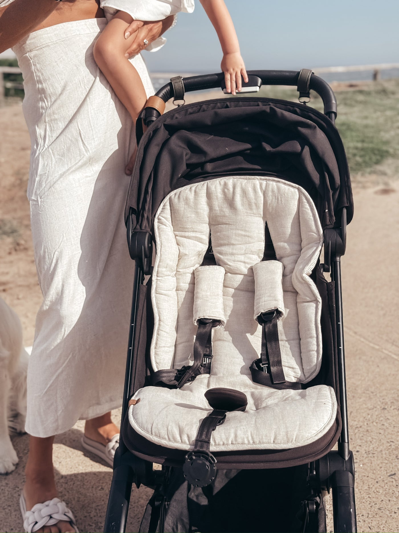 Travel Pram Liner - Sand Stripe & Natural Linen - Audrey & Me