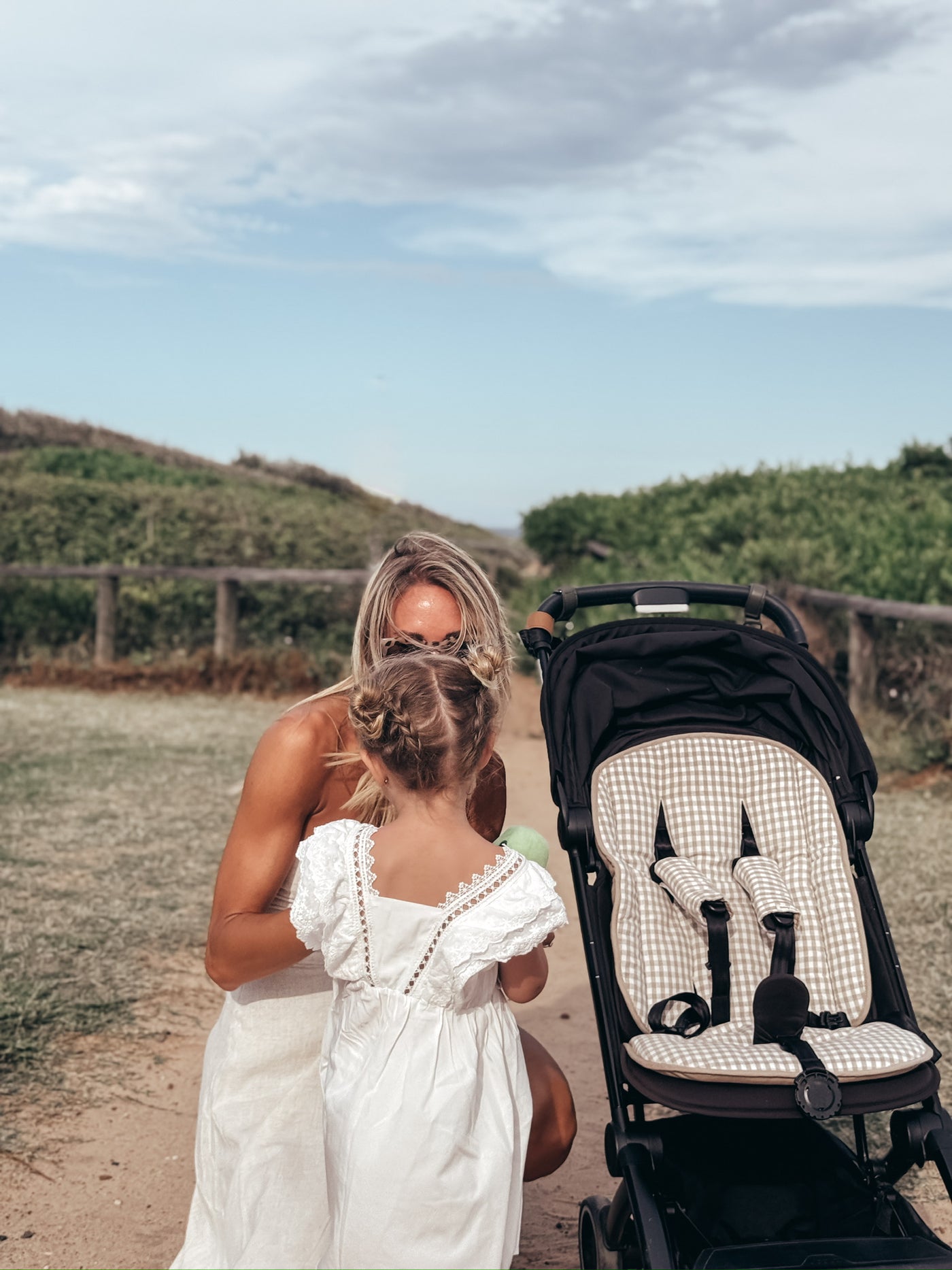 Travel Pram Liner - Sand & Sand Gingham Linen - Audrey & Me