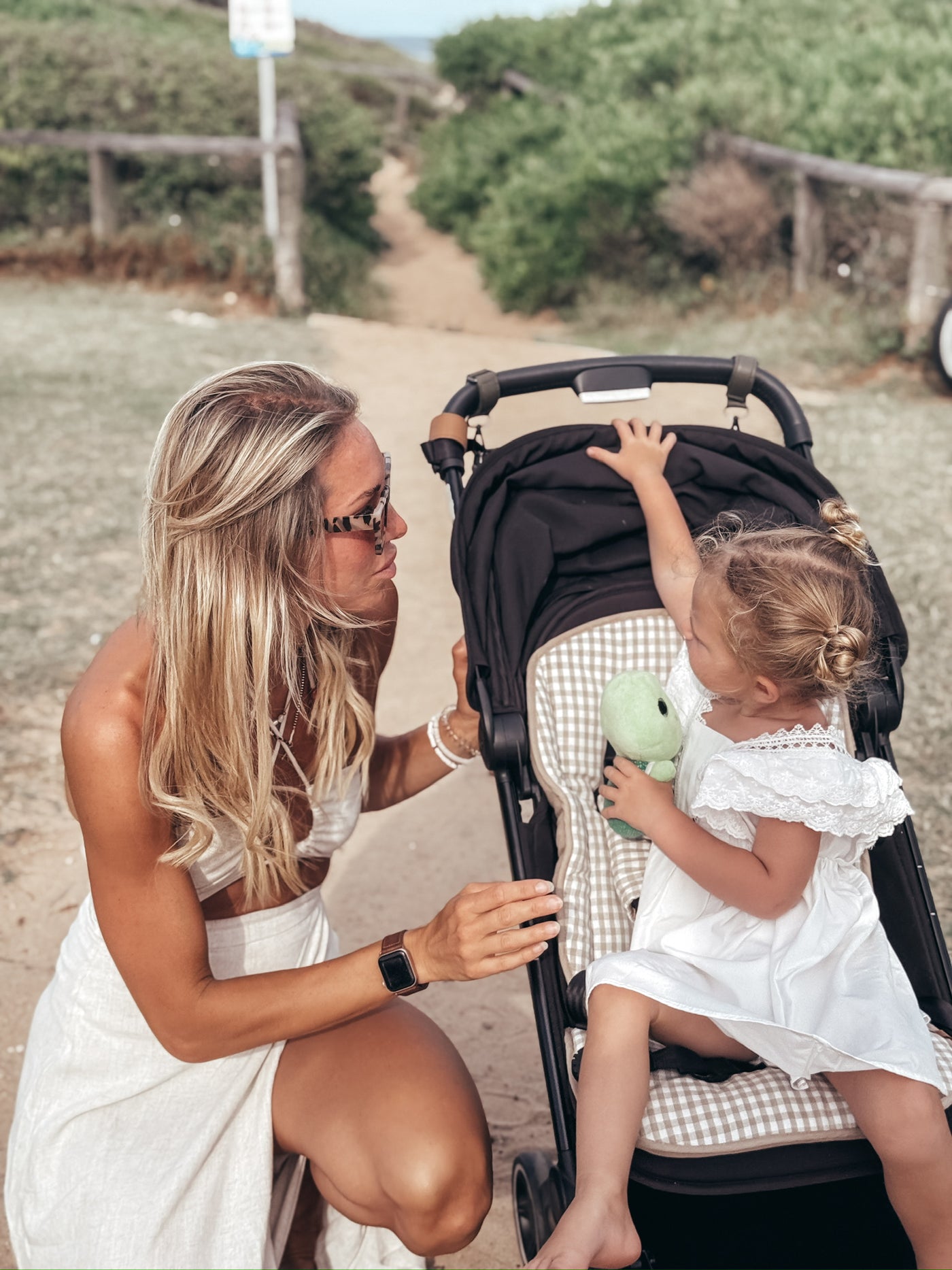 Travel Pram Liner - Sand & Sand Gingham Linen - Audrey & Me