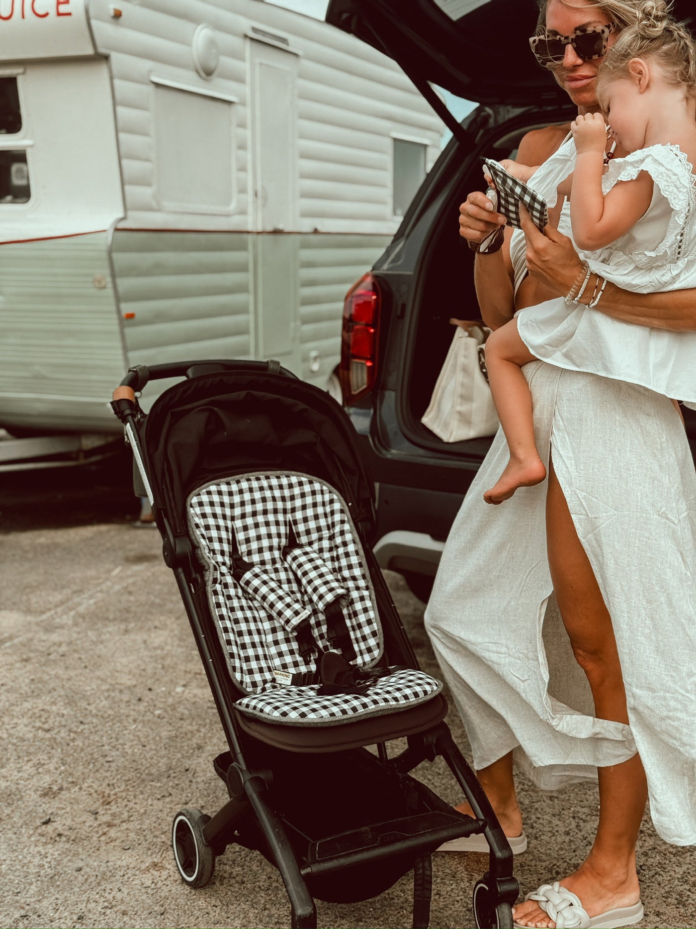 Travel Pram Liner - Speckled Charcoal & Black Gingham Linen - Audrey & Me