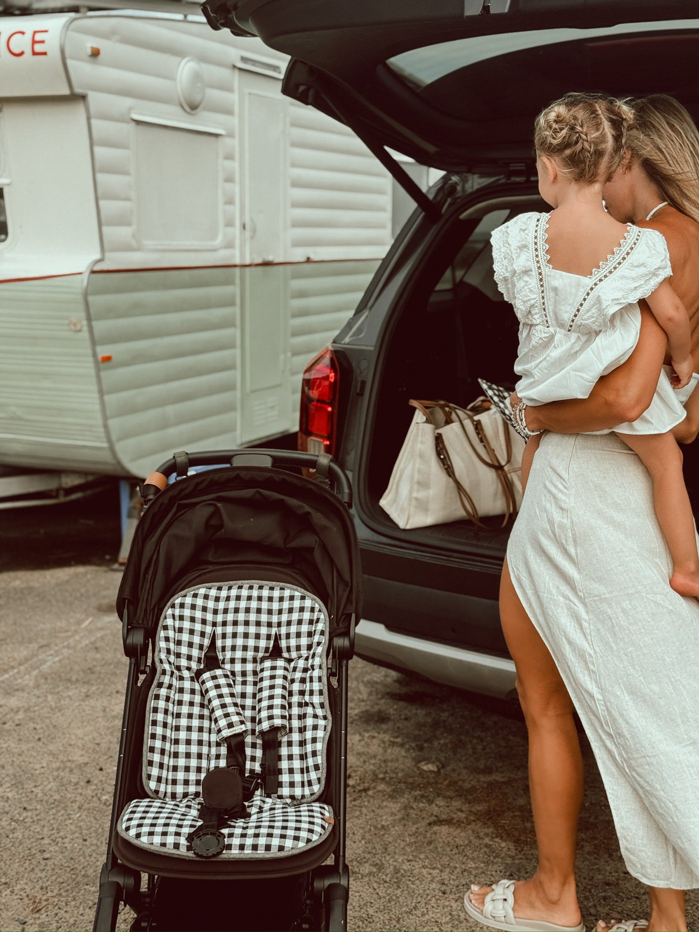 Travel Pram Liner - Speckled Charcoal & Black Gingham Linen - Audrey & Me