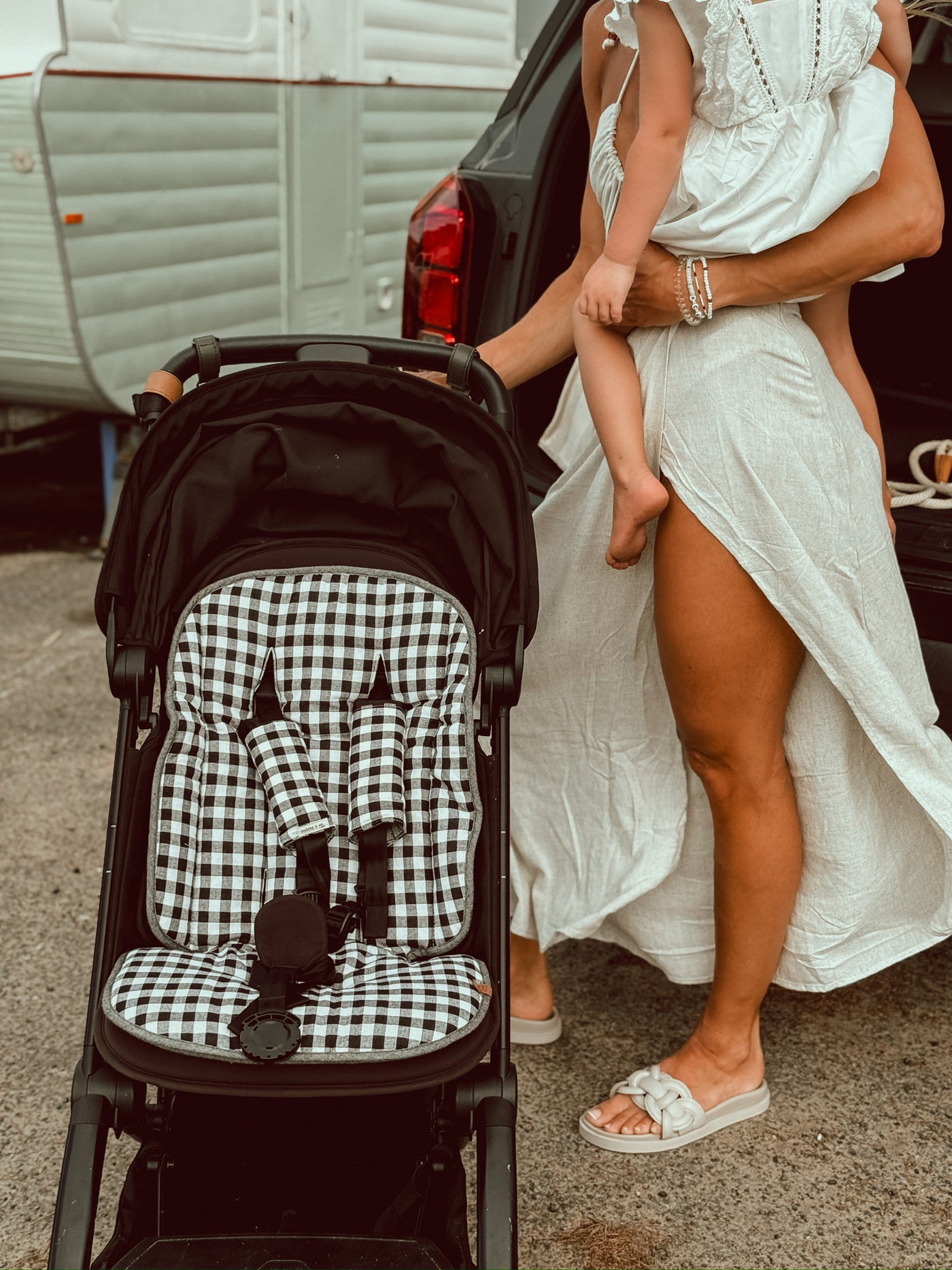 Travel Pram Liner - Speckled Charcoal & Black Gingham Linen - Audrey & Me