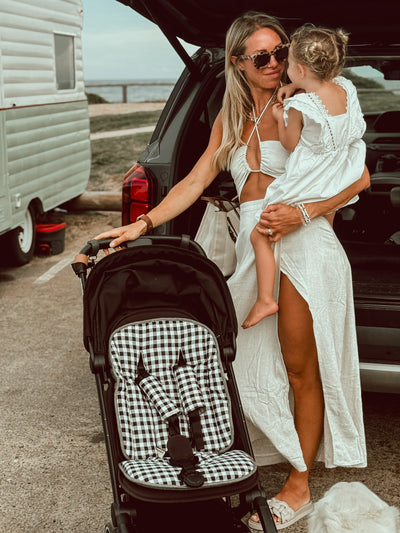 Travel Pram Liner - Speckled Charcoal & Black Gingham Linen - Audrey & Me